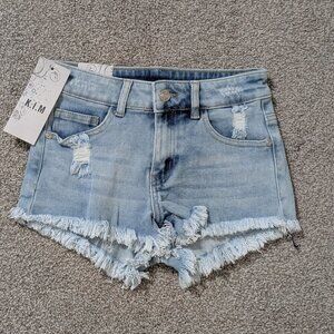 K.I.M Blue Denim Distressed Cut-Off, 2 Inch, Low Rise Shorts; Size S